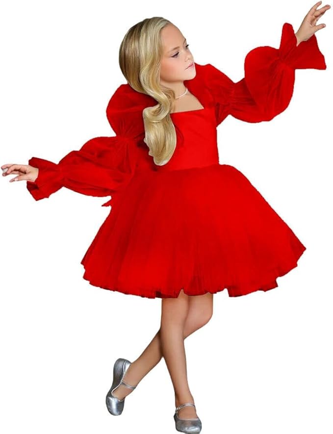 9m / Red Sunnypetal Tulle Long Sleeve Flower Girl Dresses for Wedding Short Princess Pageant Dress