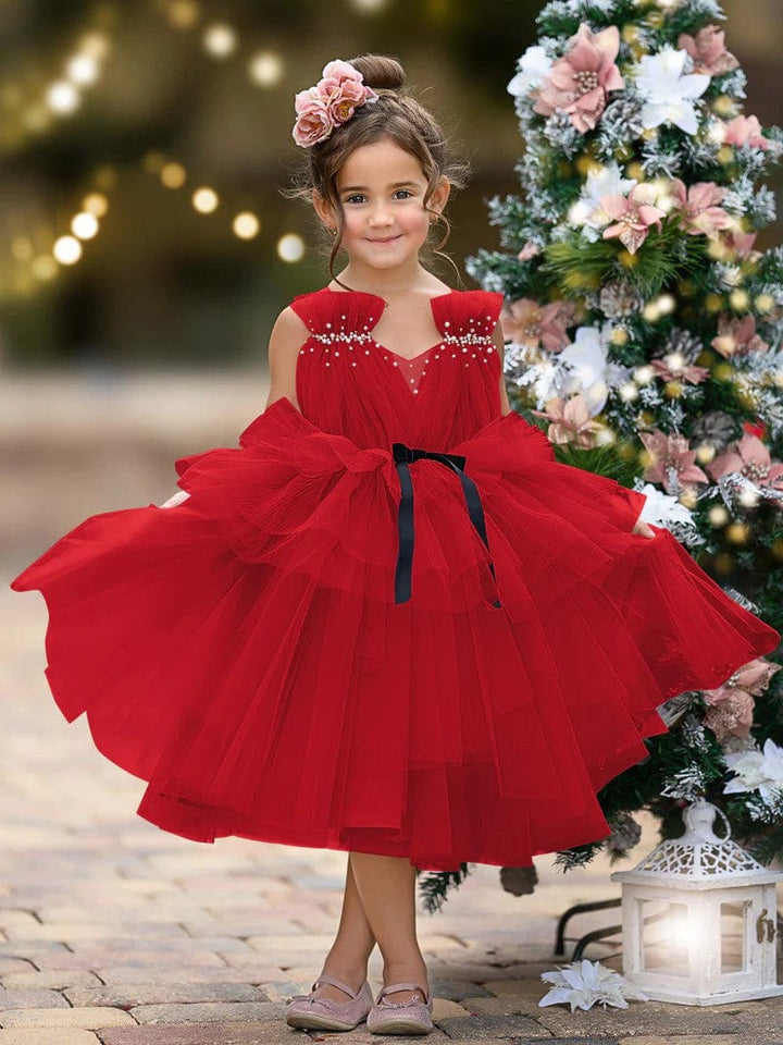 9m / Red Sunnypetal Tulle Sleeveless V-Neck Knee-Length Toddler Girl Dress Birthday Party Princess Dress