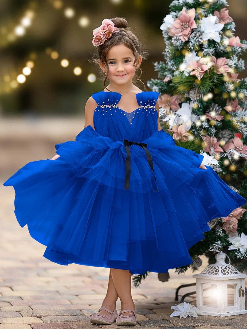 9m / Royal Blue Sunnypetal Tulle Sleeveless V-Neck Knee-Length Toddler Girl Dress Birthday Party Princess Dress