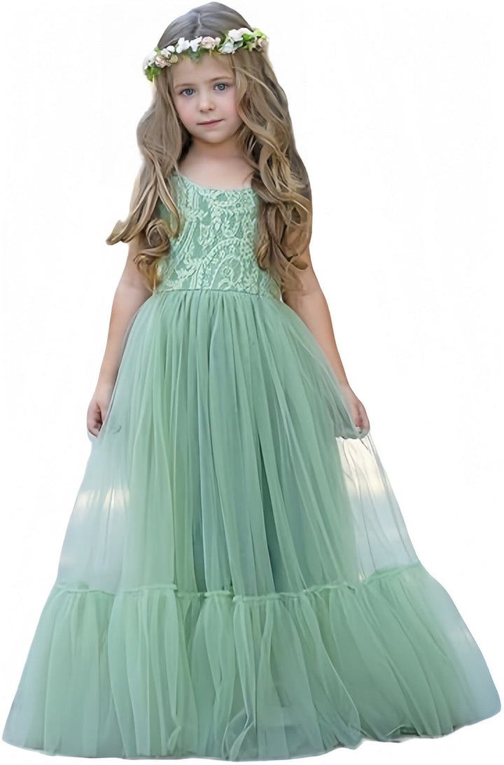 9m / Sage Green Sunnypetal Flower Girl Dress Lace/Tulle Boho Toddler Dresses