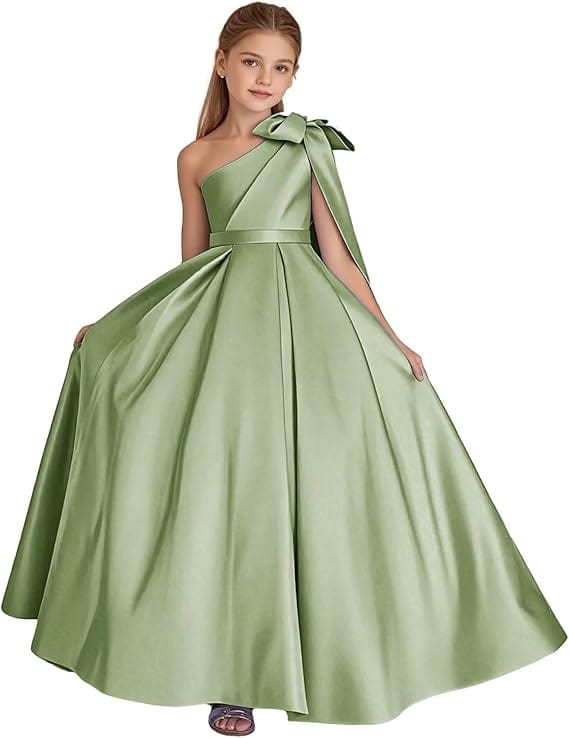 9m / Sage Green Sunnypetal One Shoulder Flower Girl Dress Satin Wedding First Communion Dress with Bow