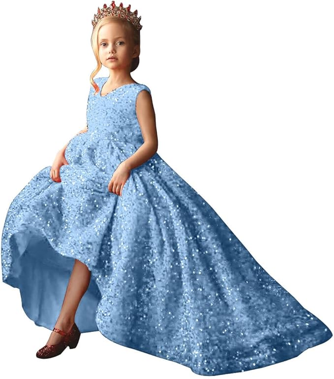 9m / Sky Blue Sunnypetal Elegant Princess Flower Girl Dress with Sparkling Sequins and Flowing Train