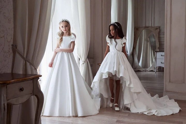 9m / White / Full Length Sunnypetal White Deluxe Satin Dress Flared Sleeves A-Line Flower Girl Dresses with Train