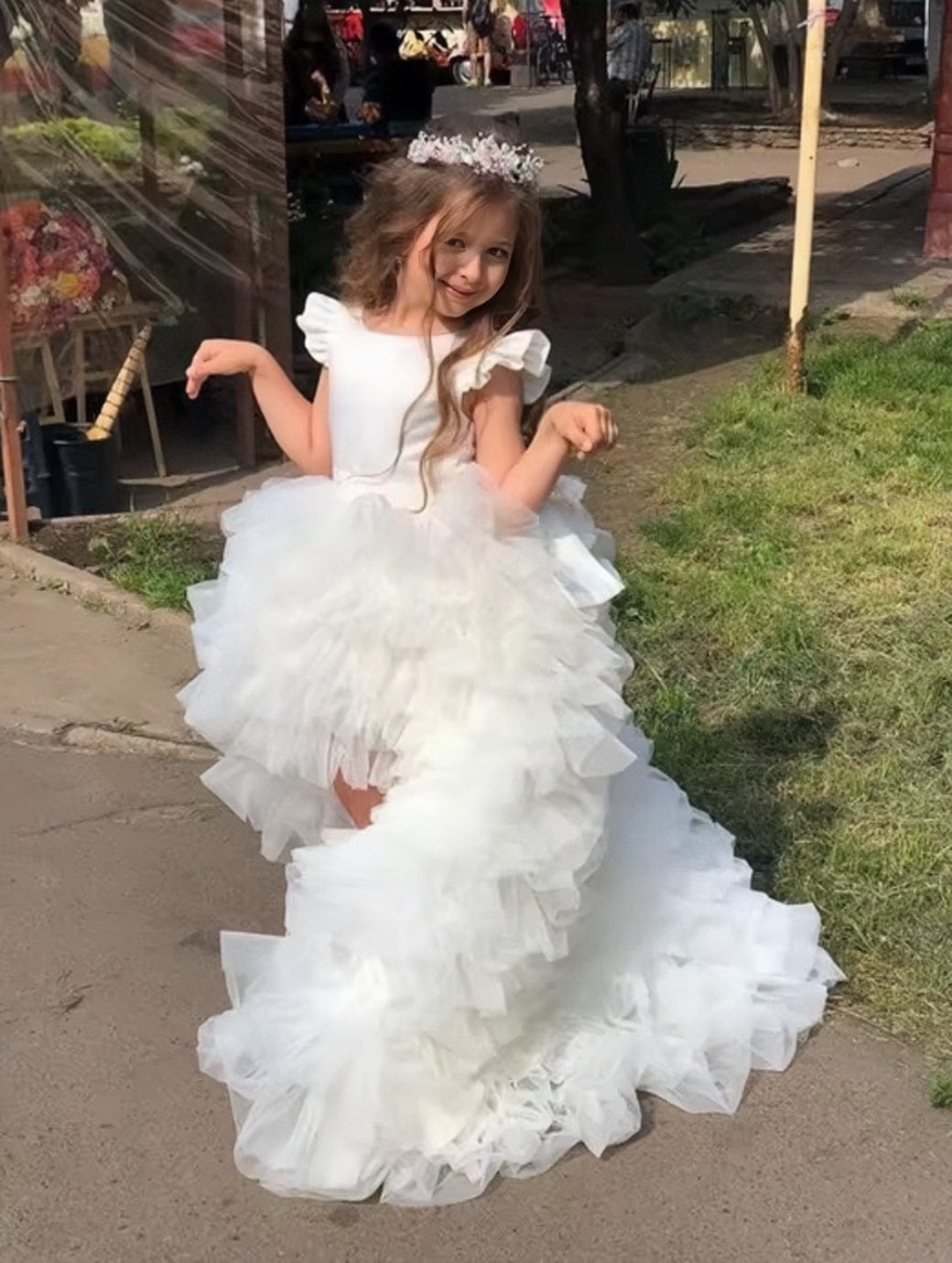 9m / White Sunnypetal Cute Baby Toddler Flower Girl Dresses Tulle Ruffles Hi-Lo Bow Party Birthday Dress