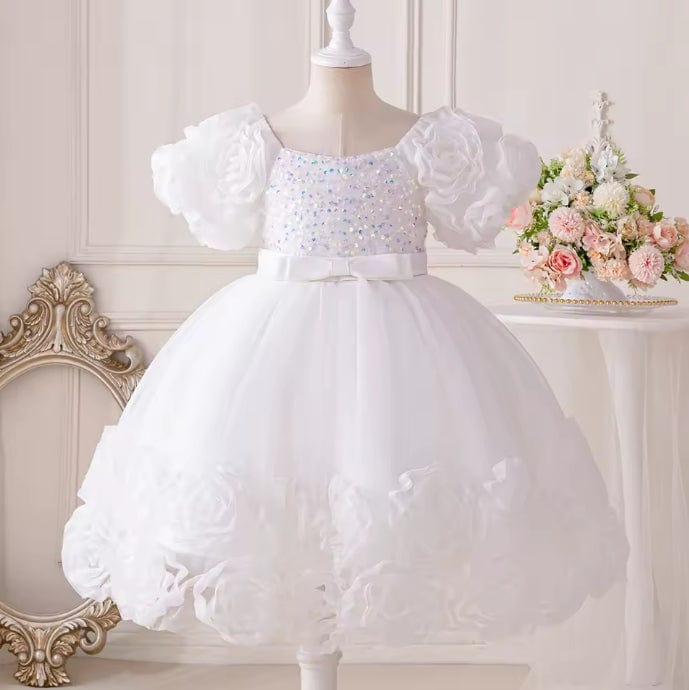 9m / White Sunnypetal Exquisite 3D Flowers Puffy Sleeves Square Neck Sequins Flower Girl Dresses