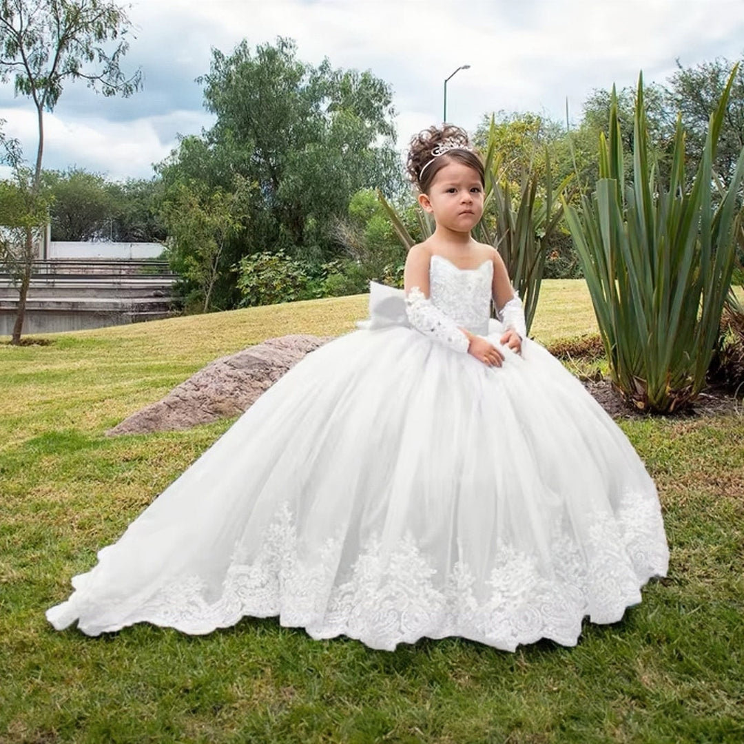 9m / White Sunnypetal Long Sleeves Weddings Flower Girl Dresses Toddlers Sparkly 1st Communion Party Gowns