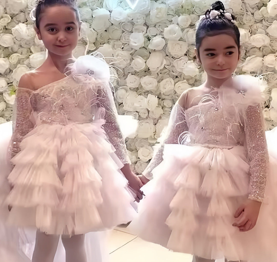 9m / White Sunnypetal Off Shoulder Long Sleeves Sequin Beaded Bow Tiered Tulle Flower Girl Dresses