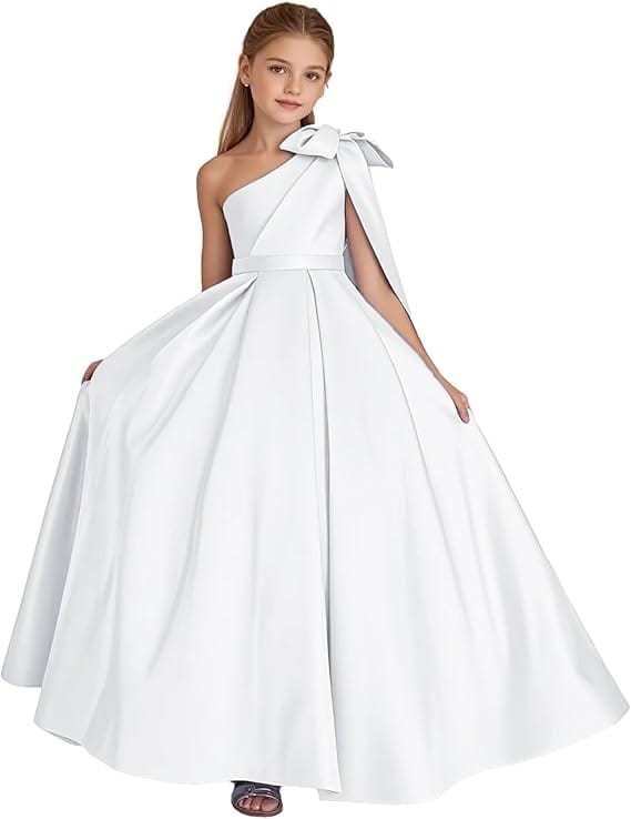 9m / White Sunnypetal One Shoulder Flower Girl Dress Satin Wedding First Communion Dress with Bow