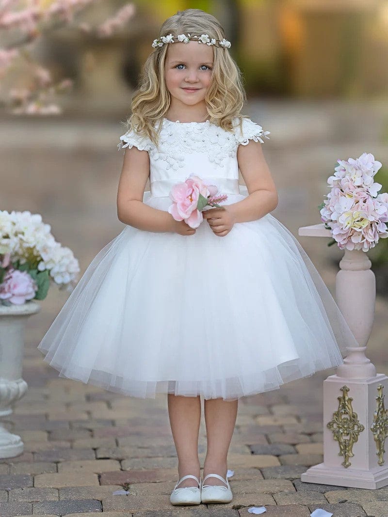 knee length communion dress Sunnypetal Satin Floral Appliques Knee-Length Tulle First Communion Flower  Girl Dress