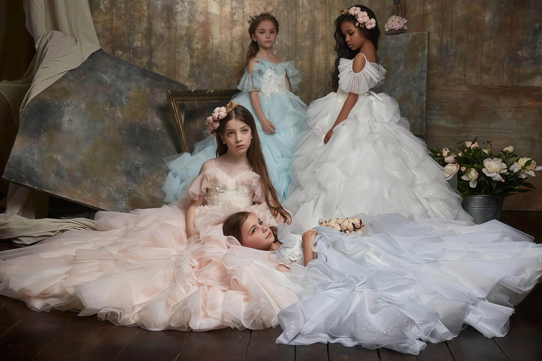 9m / White Sunnypetal Soft Layered Glitter Tulle Princess Flower Girl Dresses Wedding Party Ball Gown