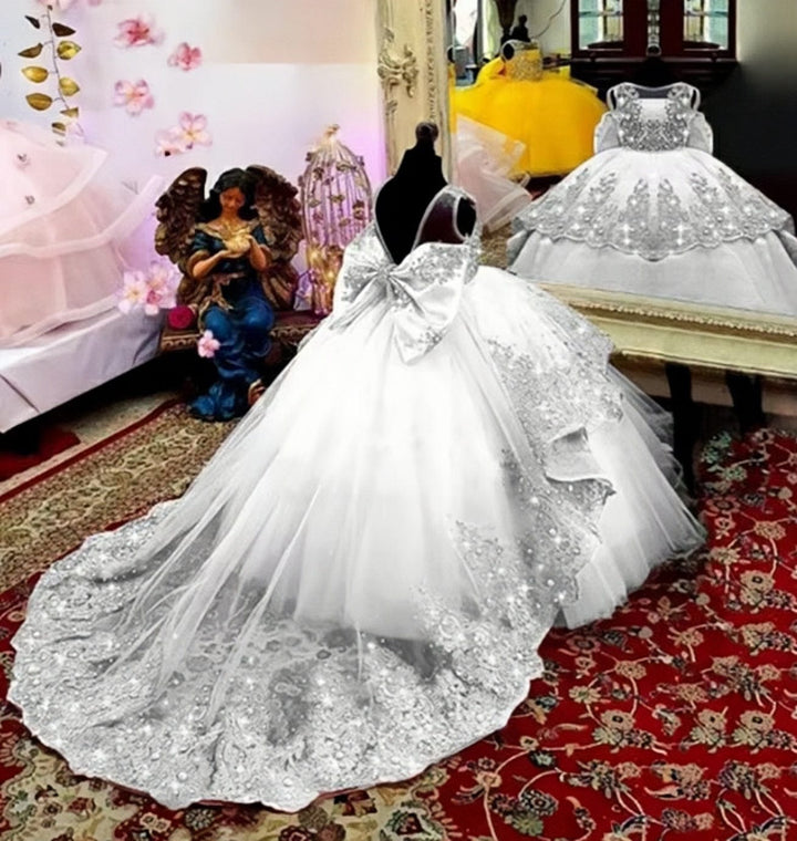 9m / White Sunnypetal Sparkling Flower Girl Dress With Bow Lace Applique Beaded Baby Lovely Pageant Ball Gown