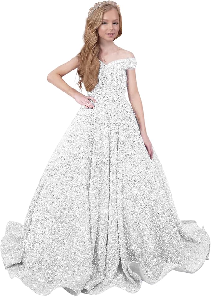 9m / White Sunnypetal Sparkly Sequin Pageant Dresses Off Shoulder Flower Girl Dress Kids Wedding Ball Gown