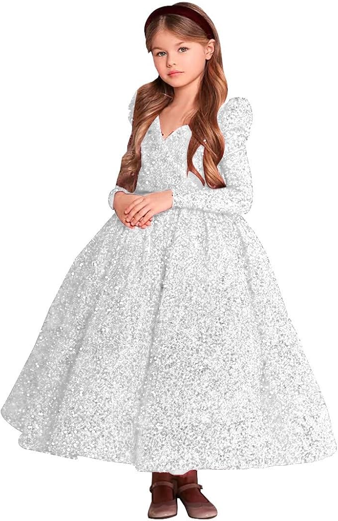 9m / White Sunnypetal Sparkly V-Neck Sequin Flower Girl Dress Birthday Party Pageant Gown