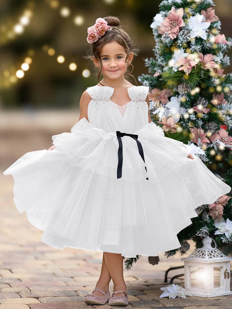 9m / White Sunnypetal Tulle Sleeveless V-Neck Knee-Length Toddler Girl Dress Birthday Party Princess Dress