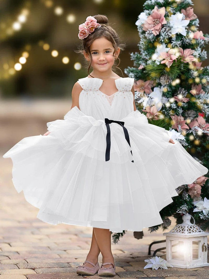 9m / White Sunnypetal Tulle Sleeveless V-Neck Knee-Length Toddler Girl Dress Birthday Party Princess Dress