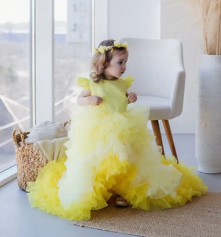 9m / Yellow as image Sunnypetal Cute Baby Toddler Flower Girl Dresses Tulle Ruffles Hi-Lo Bow Party Birthday Dress