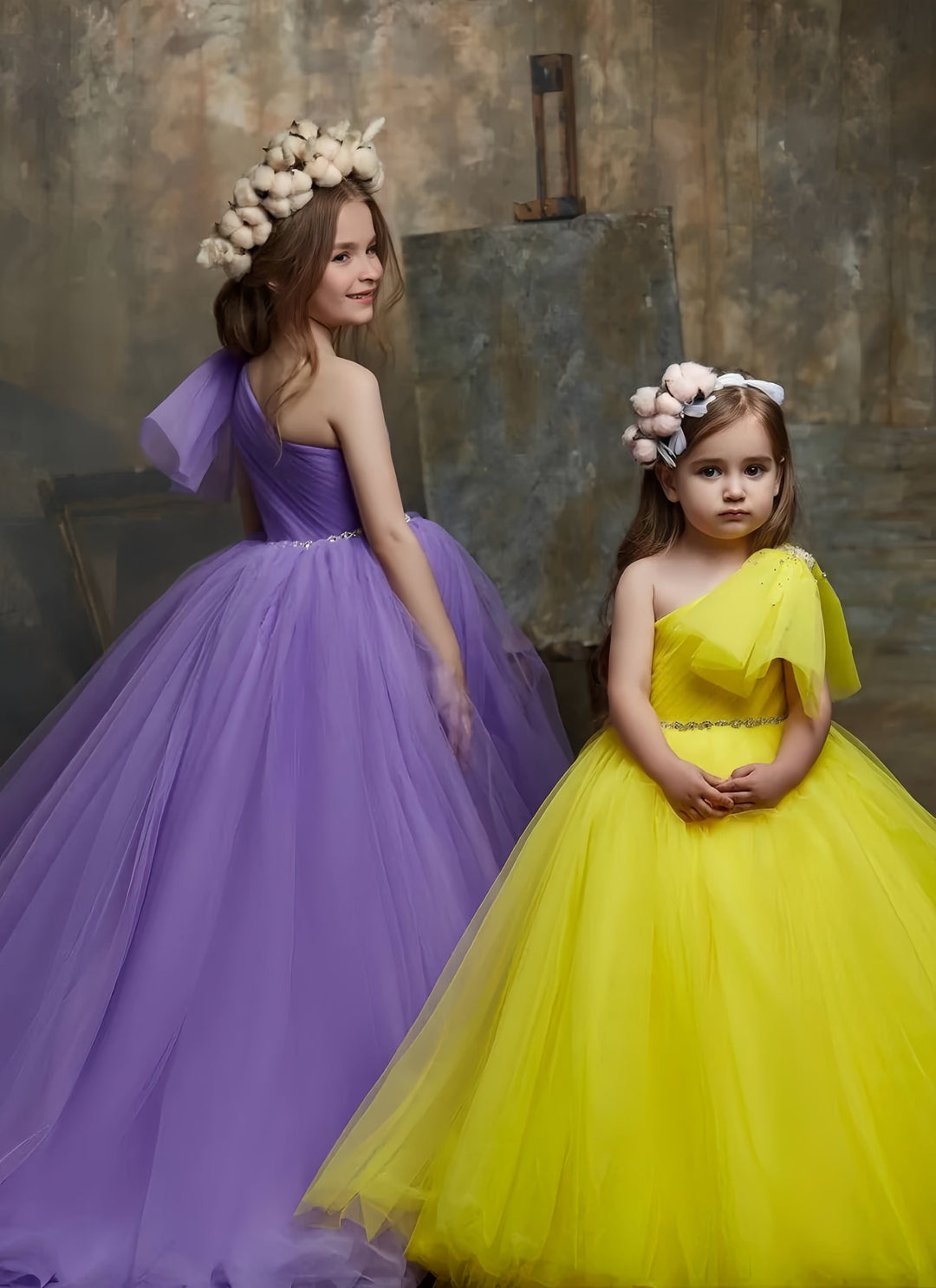 9m / Yellow Sunnypetal Elegant Single Sleeve Bow Off-Shoulder Ball Gown Long Princess Flower Girl Dresses
