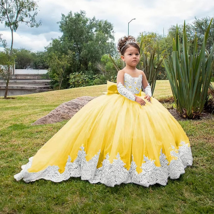 9m / Yellow Sunnypetal Long Sleeves Weddings Flower Girl Dresses Toddlers Sparkly 1st Communion Party Gowns