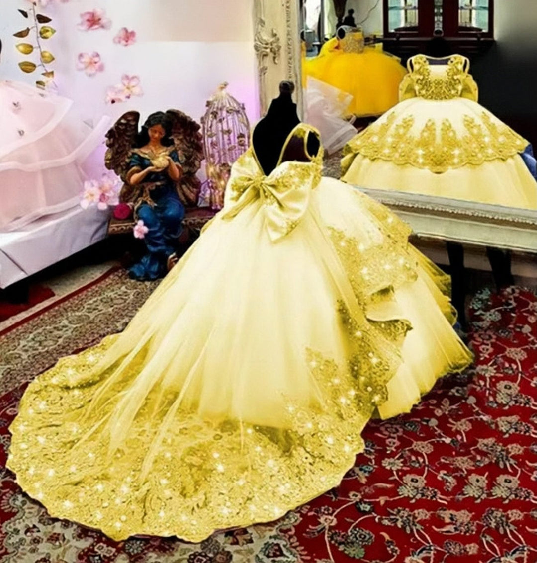 9m / Yellow Sunnypetal Sparkling Flower Girl Dress With Bow Lace Applique Beaded Baby Lovely Pageant Ball Gown
