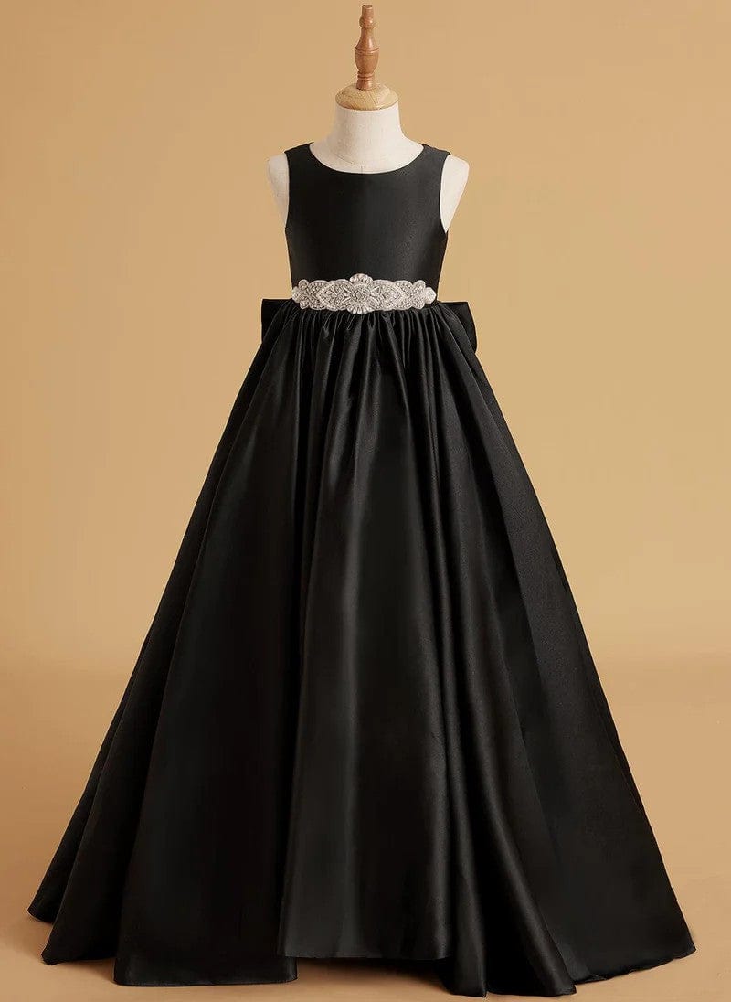 Black / 3m Sunnypetal Elegant Sleeveless Satin Flower Girl Dresses with Jeweled Belt