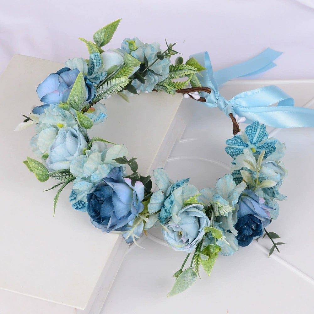 Blue Sunnypetal Girl's Flower Crown Elven Hair Wreath Headdress Hairband Wedding Accessories
