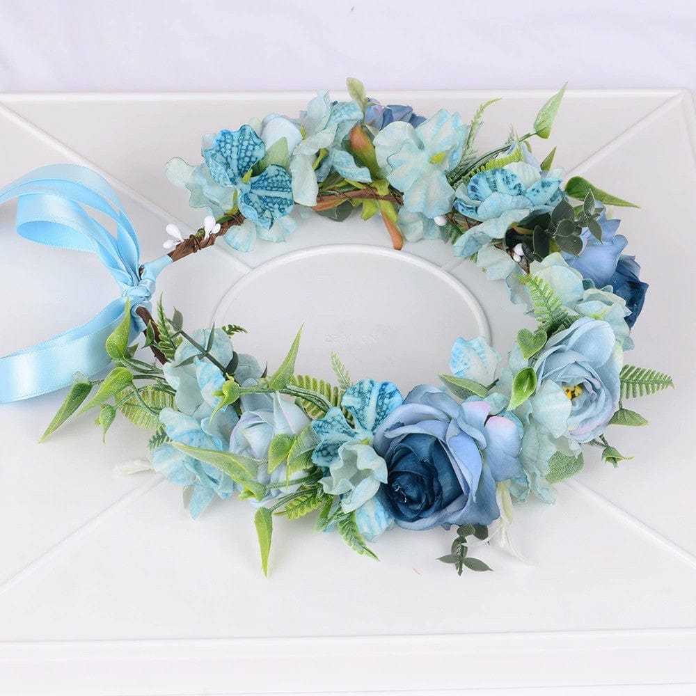 Blue Sunnypetal Girl's Flower Crown Elven Hair Wreath Headdress Hairband Wedding Accessories