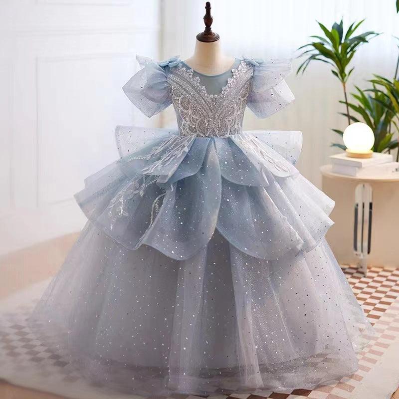 Dusty Blue / 3m Sunnypetal Fairy Glow Mint Green Puffy Flower Girl Dress with Sparkling Layers