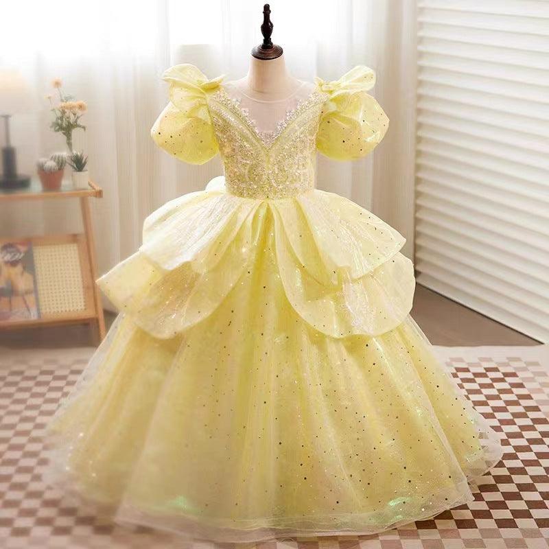 Gold / 3m Sunnypetal Fairy Glow Mint Green Puffy Flower Girl Dress with Sparkling Layers