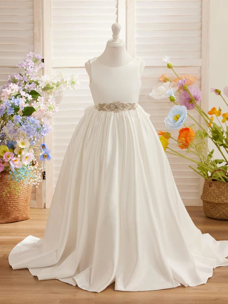Sunnypetal Elegant Sleeveless Satin Flower Girl Dresses with Jeweled Belt