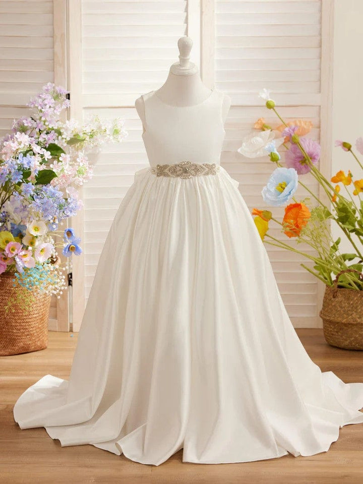 Ivory / 3m Sunnypetal Elegant Sleeveless Satin Flower Girl Dresses with Jeweled Belt