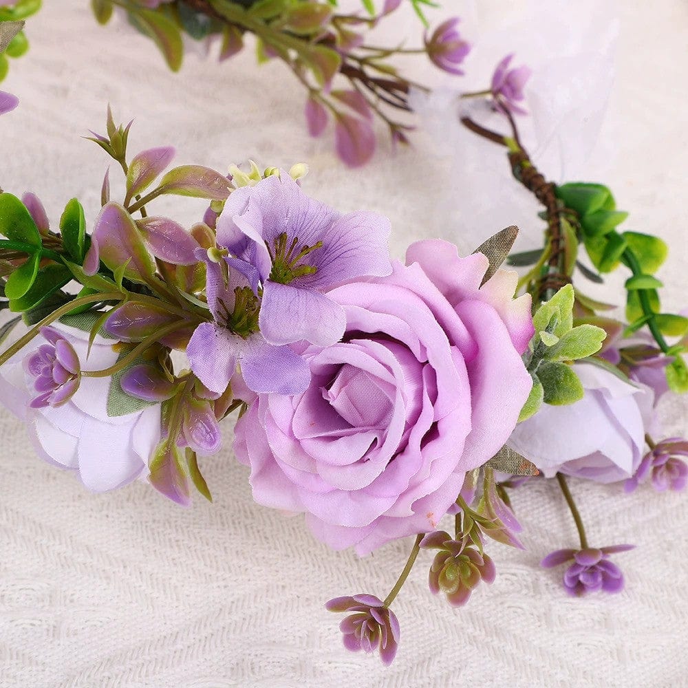 Lavender Sunnypetal Girl Lavender Flower Crown Rose Flower Headband Hair Wreath Floral with Ribbon Wedding Festival