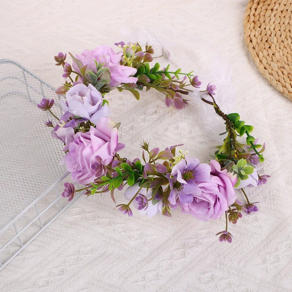 Lavender Sunnypetal Girl Lavender Flower Crown Rose Flower Headband Hair Wreath Floral with Ribbon Wedding Festival