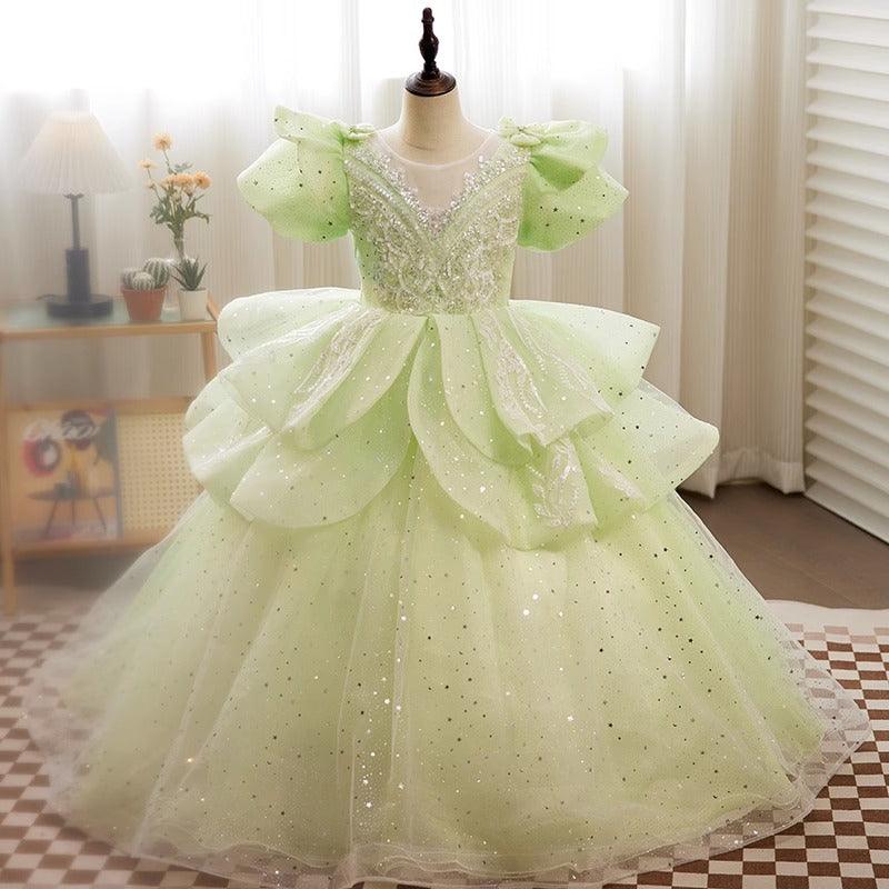 Mint Green / 3m Sunnypetal Fairy Glow Mint Green Puffy Flower Girl Dress with Sparkling Layers