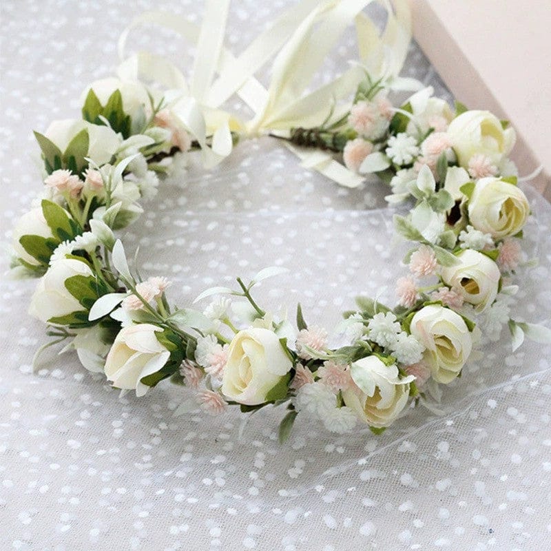 Off White Sunnypetal Girls Sweet Wreath Simulation Rose Flower Headband Bridesmaid Flower Girl Crown