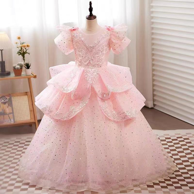 Pink / 3m Sunnypetal Fairy Glow Mint Green Puffy Flower Girl Dress with Sparkling Layers