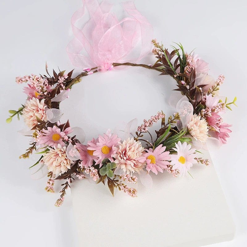 Pink Sunnypetal Fairy Floral Crown Woodland Headband Hair Wreath Forest Elven Circlet for Girls