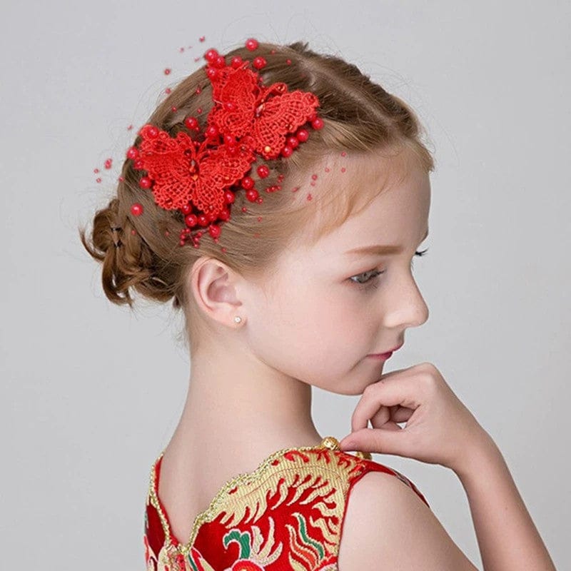 Red Sunnypetal Girls Headdress Head Flower Lace Butterfly Hairpin Flower Girl Hairpin