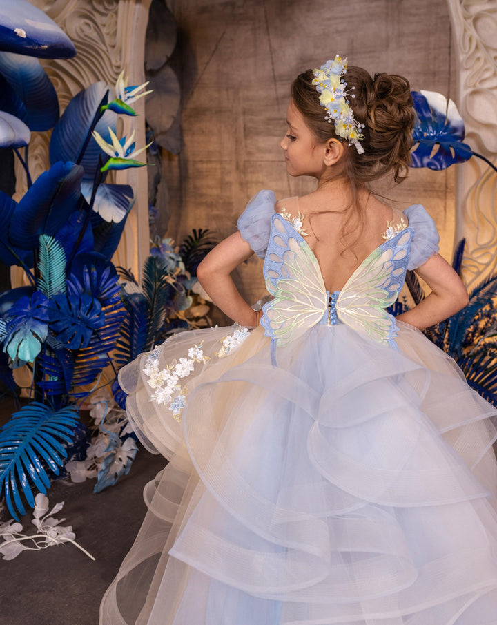 Sunnnypetal Dreamy Puff Sleeves Floral Appliques High-Low Tulle Flower Girl Gown