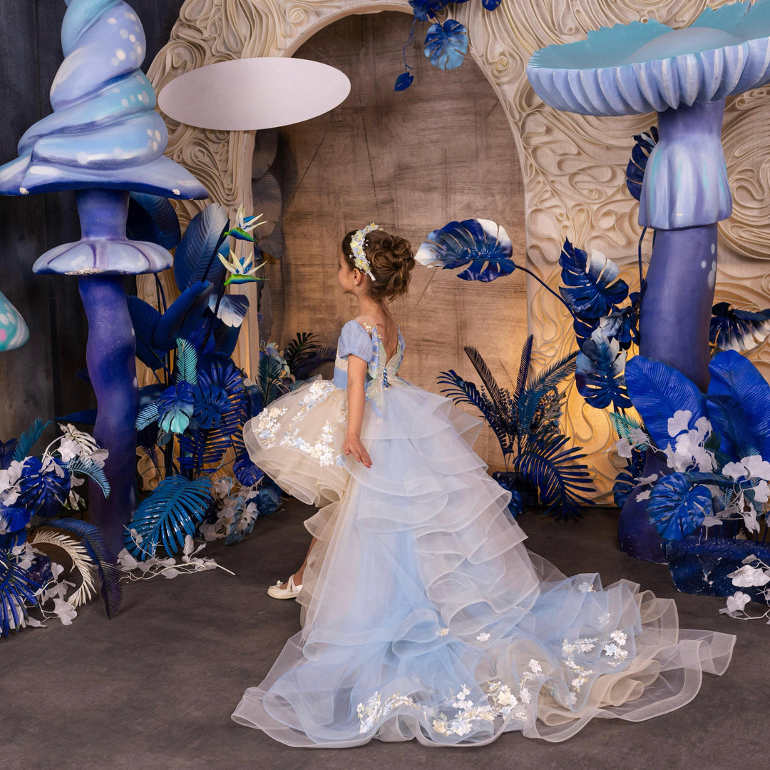 Sunnnypetal Dreamy Puff Sleeves Floral Appliques High-Low Tulle Flower Girl Gown