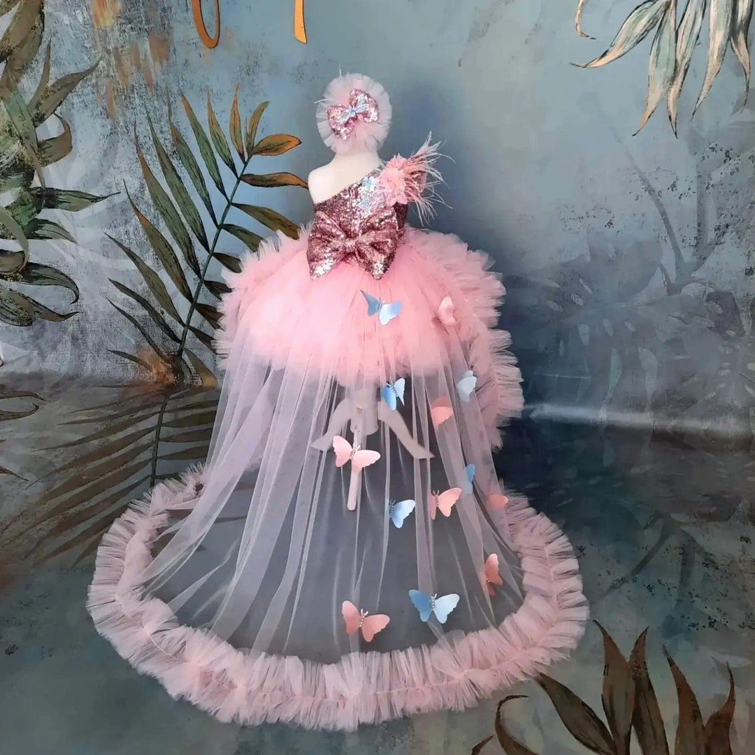 Sunnnypetal Light Pink Toddler Flower Embroidered Puffy Tulle Flower Girl Dress