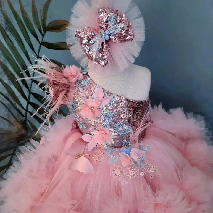 Sunnnypetal Light Pink Toddler Flower Embroidered Puffy Tulle Flower Girl Dress