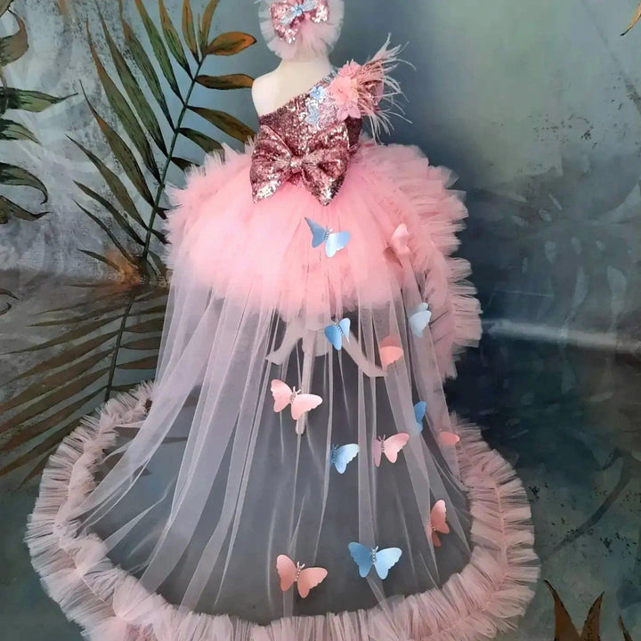 Sunnnypetal Light Pink Toddler Flower Embroidered Puffy Tulle Flower Girl Dress