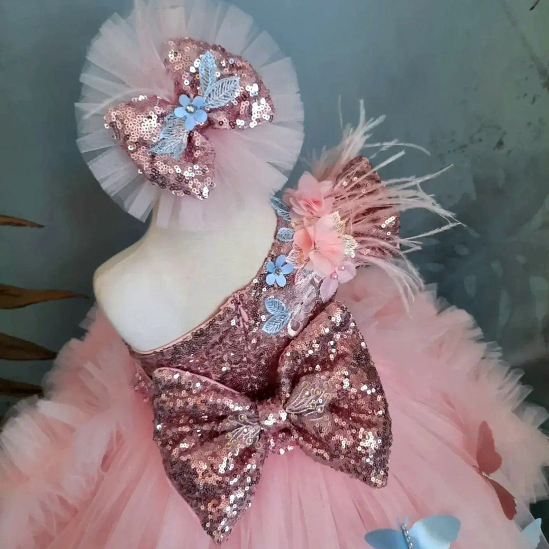 Sunnnypetal Light Pink Toddler Flower Embroidered Puffy Tulle Flower Girl Dress