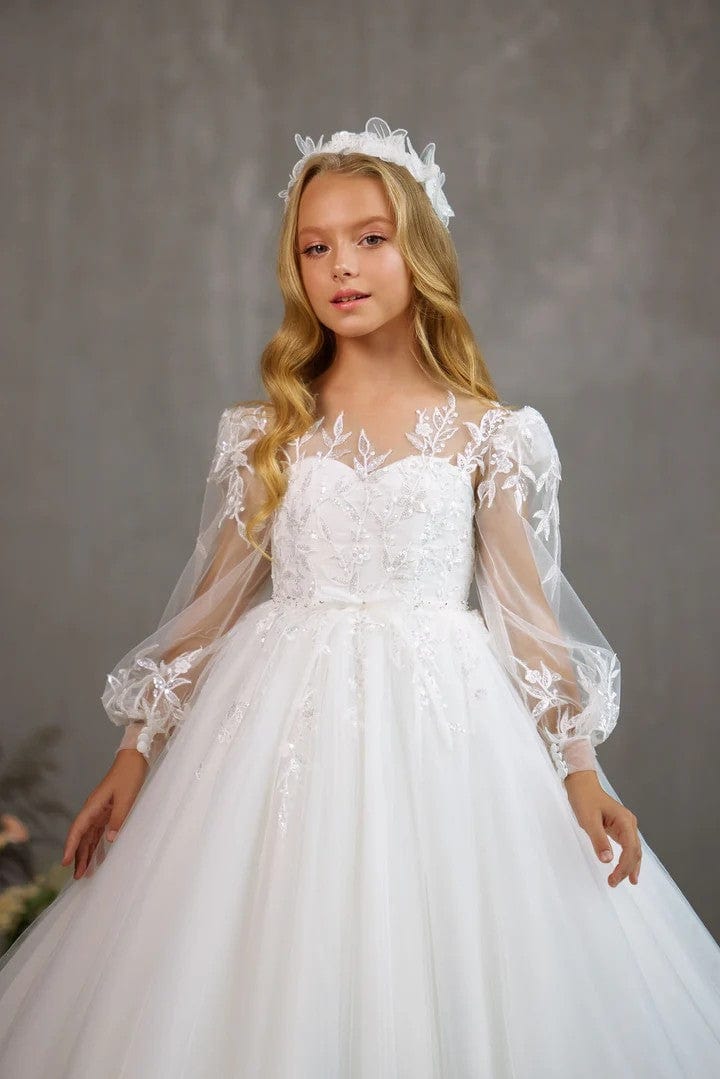 Sunnpetal Exquisite Puff Long Sleeves Lace Appliques Sequins Communion Dress with Ruffled Hem