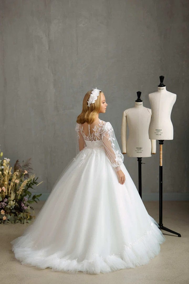 Sunnpetal Exquisite Puff Long Sleeves Lace Appliques Sequins Communion Dress with Ruffled Hem