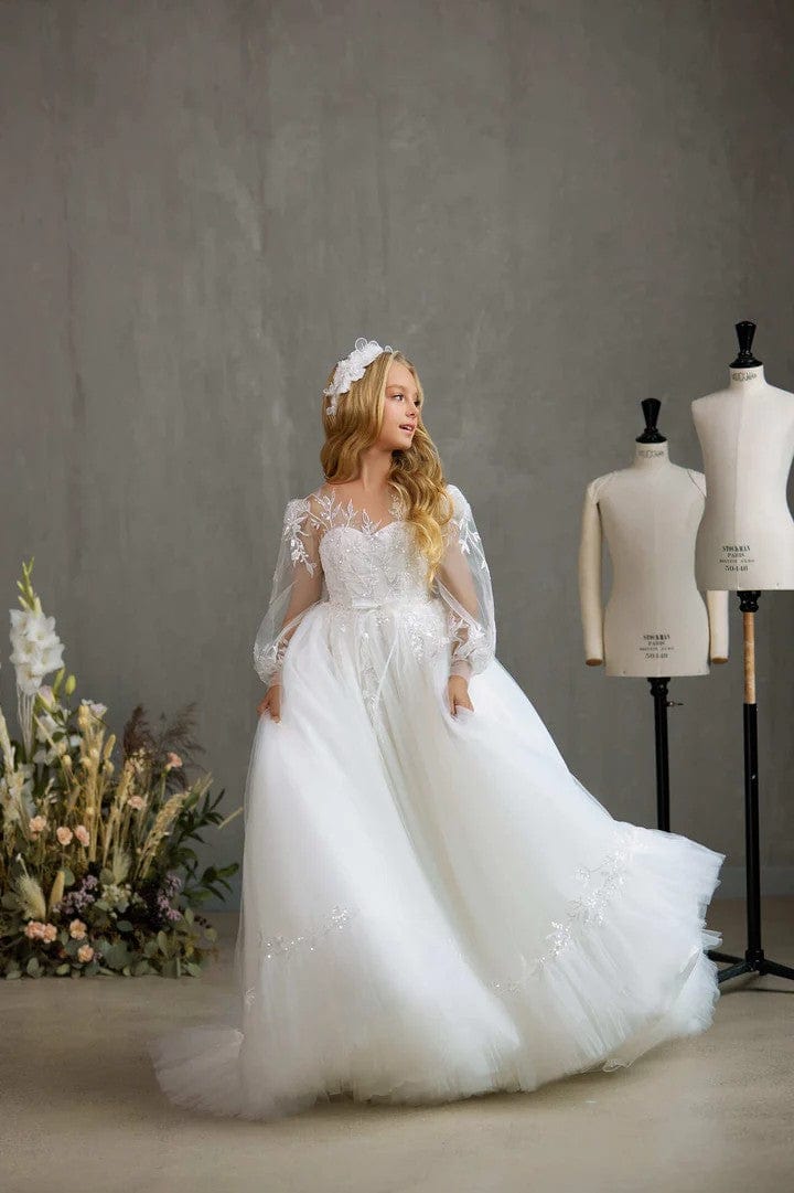 Sunnpetal Exquisite Puff Long Sleeves Lace Appliques Sequins Communion Dress with Ruffled Hem