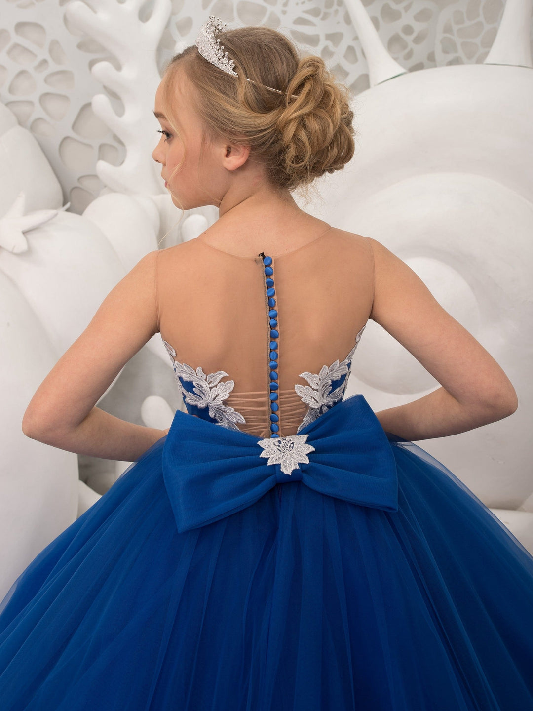 Sunnpetal Royal Blue Long Tulle Floral Appliques Ball-Gown Flower Girl Dress with Bow