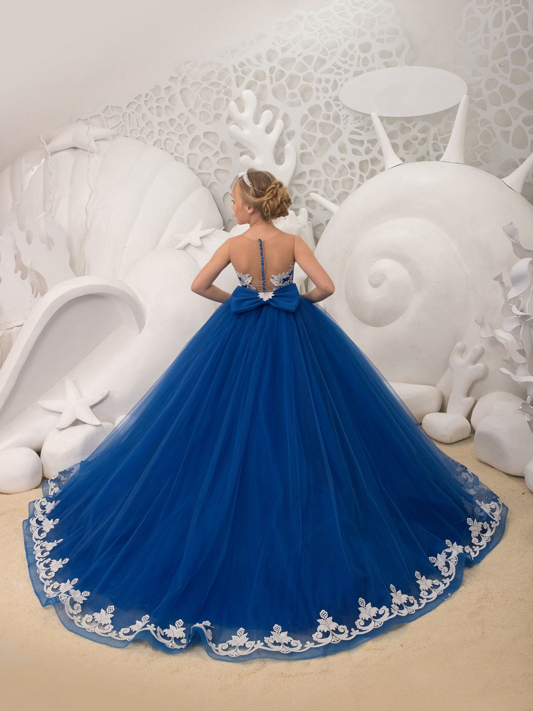 Sunnpetal Royal Blue Long Tulle Floral Appliques Ball-Gown Flower Girl Dress with Bow
