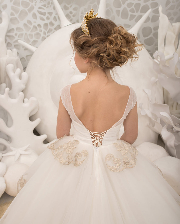 Sunnpetal White Multi-Layered Gold Embroidered Tulle Flower Girl Dress with Train