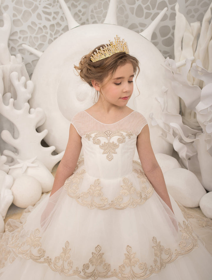 Sunnpetal White Multi-Layered Gold Embroidered Tulle Flower Girl Dress with Train